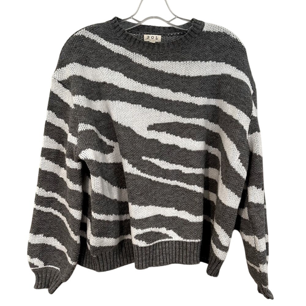 POL Prudencia Zebra Sweater Women's Small Gray‎ White Animal Print Crewneck